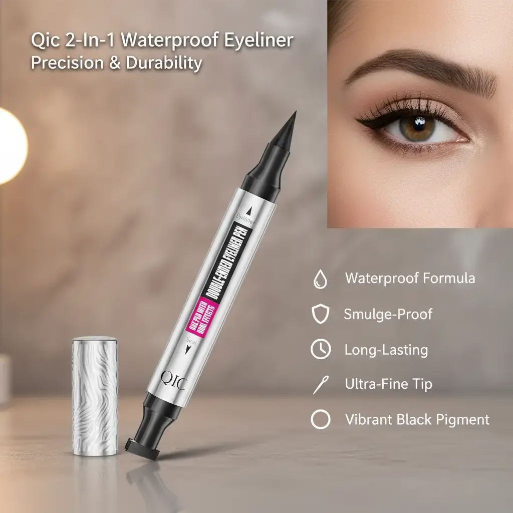 QIC 2-in-1 Dual-End Liquid Eyeliner Stamp Pen, Waterproof, Smudge-Proof & Long-Lasting Formula for Perfect Winged Cat Eyes, True Black, 20g, Smudge Proof Eyeliner, Long Lasting Eyeliner