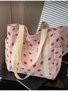 Minimalist Strawberry Print Women's Shoulder Bag Large Capacity Travel Outdoor Tote Bag Casual Handbags Casual Multi-pocket Top Handle Tweed Handbag Lightweight Daily Shopping Crossbody Bag for Commute and Outing Sum Strawberry Themed Bag