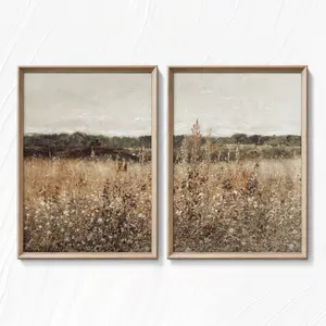 Set of 2 Print Wildflower Field Prints, Vintage Landscape Large Wall Art, Country Art Landscape Painting, 24-02