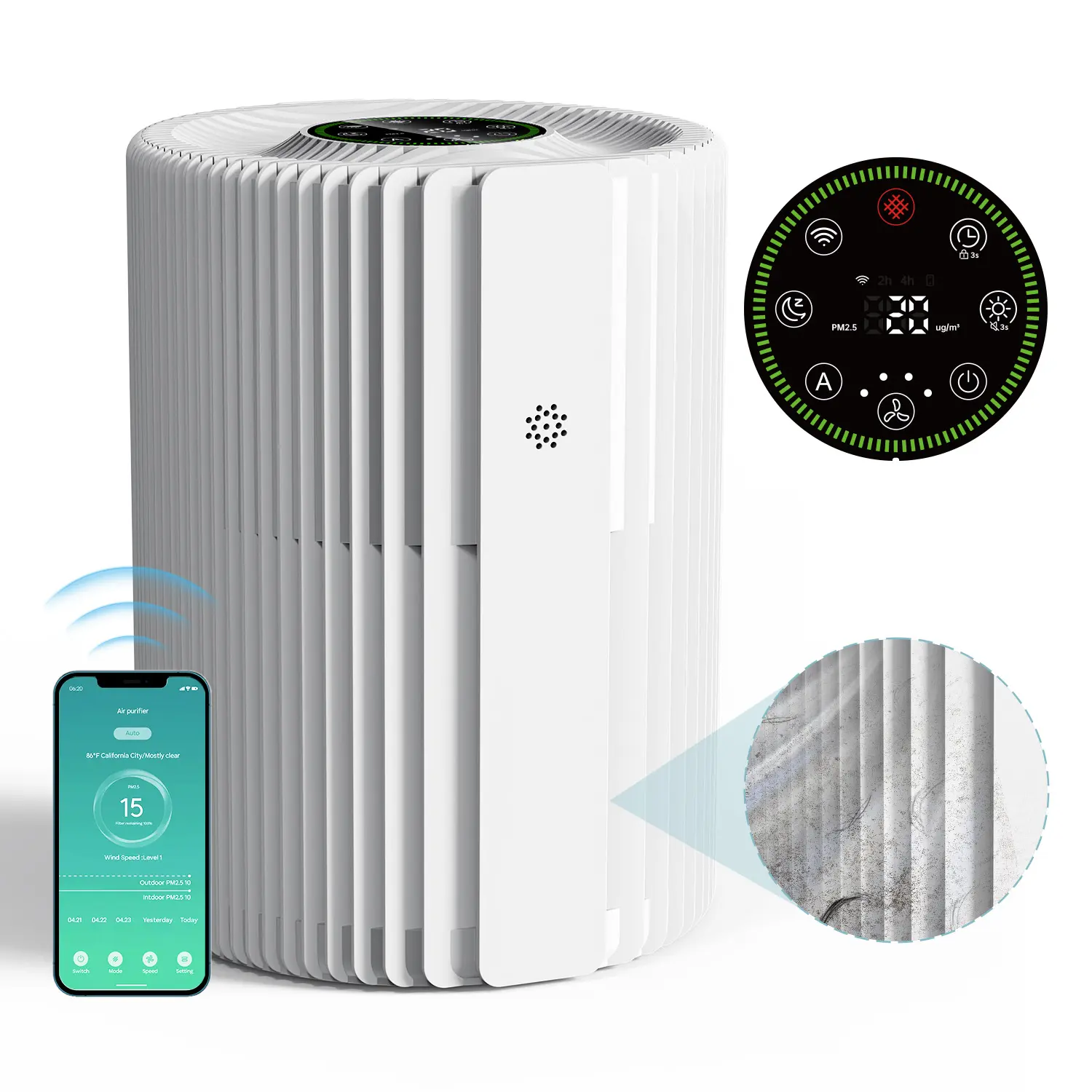 Compact MKD07W Smart Air Purifier (US Plug) for Bedroom, Indoor Use, 360° Intake, 3-Layer Filtration, Carbon Filter, Smart Sensor, App Control, Child Lock, 4 Fan Speeds, Sleep Mode, Timer Settings, 3.3 lbs, 7.7” l x 7.3” w x 10.6” h, Color-Coded Lights, L