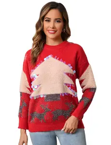 GARVEE Womens Christmas Sweater Red Sequined Crew Neck Pullover Featuring Handmade Christmas Tree and Deer Jacquard Design, Novelty Festive Holiday Knitwear, Size M