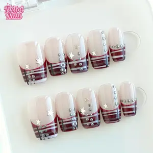 Military Star Handmade Press-On Nails | Short Square Shape, 10pcs | Edgy Military Star Design | Sheer Nude Base & Burgundy Stripe & Silver Stud/Star & High Gloss Accents | Reusable DIY Nail Kit for Women | Trendy Nails for Spring, Summer, Parties & Daily