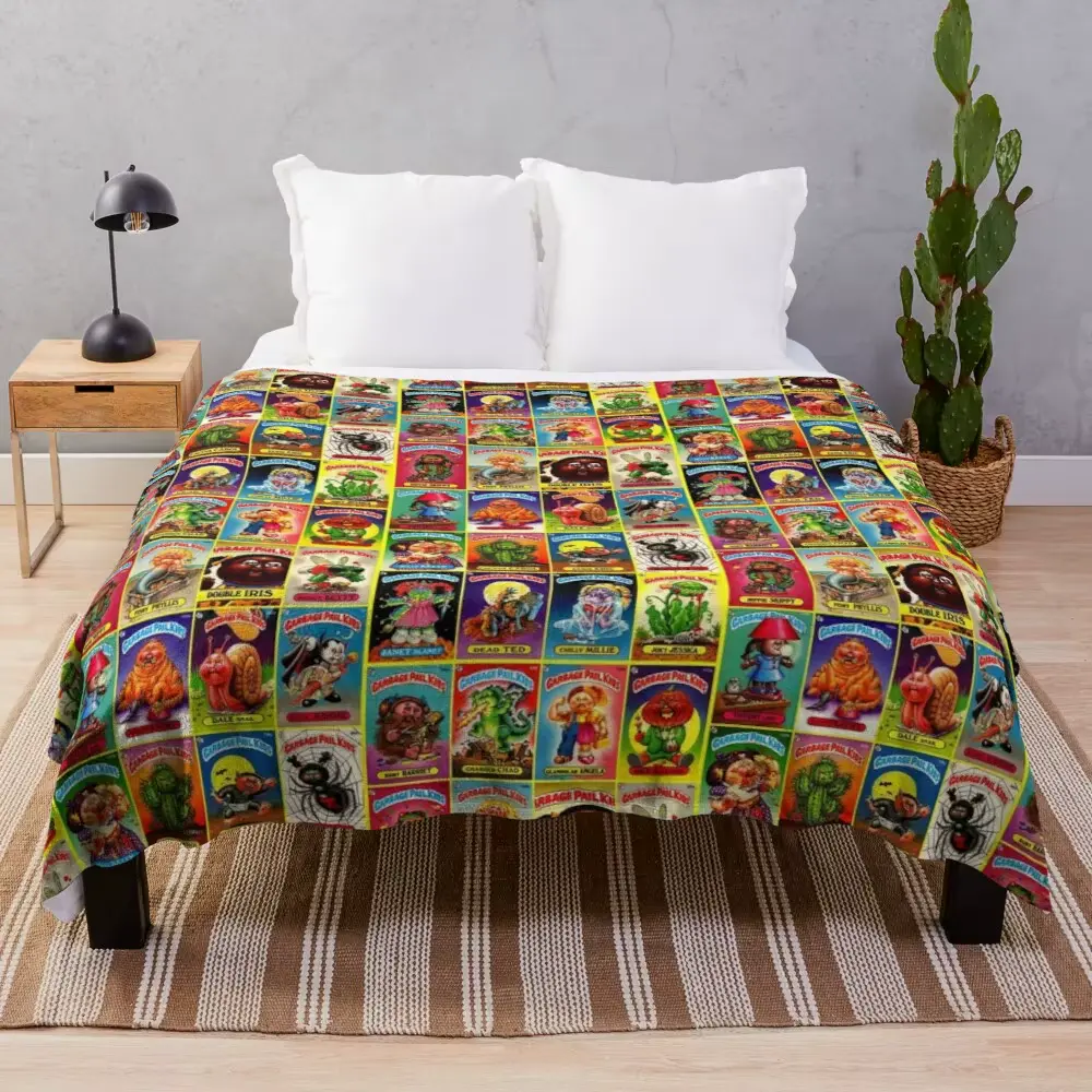 Garbage Pail Kids Vintage Trading Card Collage Print Flannel Cooling Blanket - Soft, Cozy Cartoon Mascot & Character Art Blanket for 80s Retro Collectors, Bedroom Use - Summerwins Homegoods Gift, Cooling Blankets, Cartoon Mascot Blankets