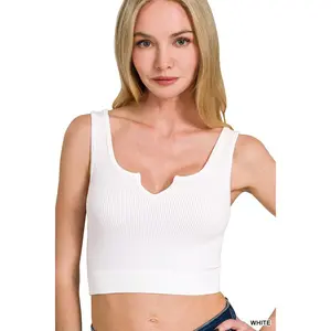 Zenana Seamless Split Neck Bra Tank - Built-in Padding - Stretchy Ribbed Activewear Top