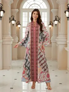 Women's Vintage Floral Totem Print Embellished Robe, Dubai Style Kaftan Evening Gown, Eid Al Fitr Abaya