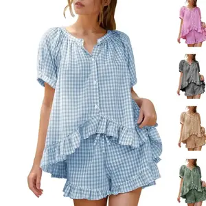 Naeduo Womens Gingham Pajamas Set 2 Piece Cotton Pj Lounge Sets Vacation Casual Summer Babydoll Sleepwear Outfits