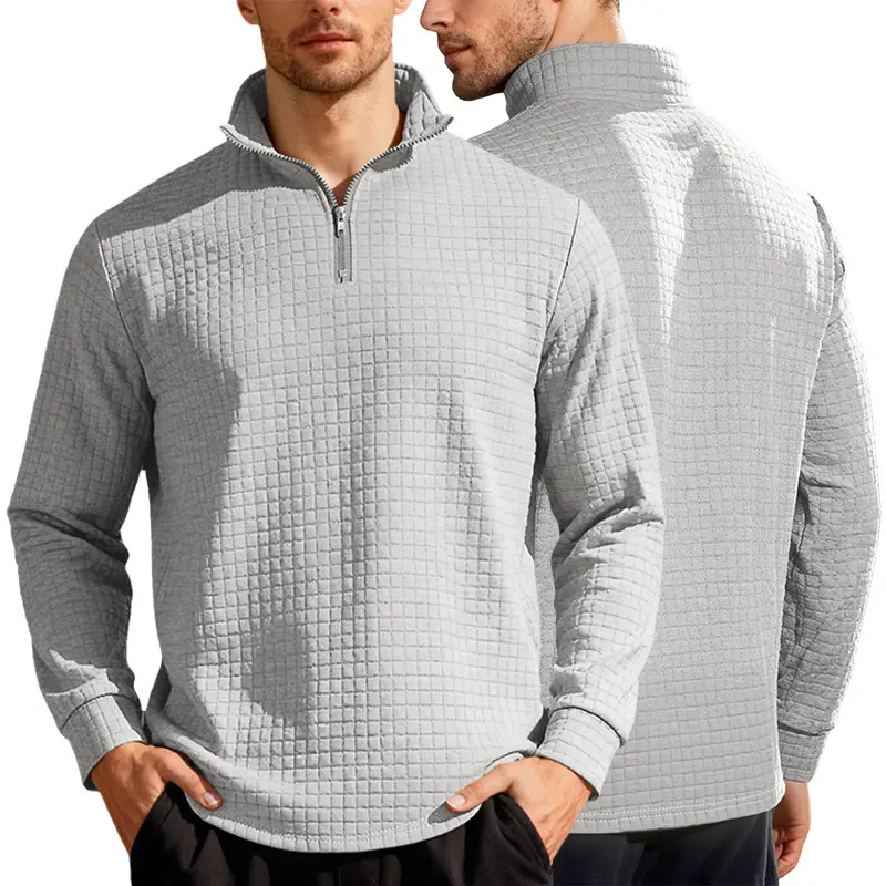 Menswear Men's American-Style Casual Long-Sleeve Half-Zip Stand Collar Sweatshirt - Solid Color, 3D Checkered Jacquard Fabric, Ribbed Cuffs