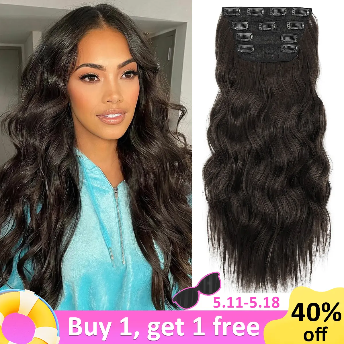 Clip in Hair Extensions 4PCS Long Wavy Natural & Soft Hairpieces for Women 20 Inch synthetic hair extensions for Women (Natural Black Pink)