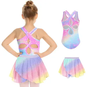 Girls Ballet Leotards Toddler Hollow Back Dance Dress Outfit with Removable Shiny Skirt Combo