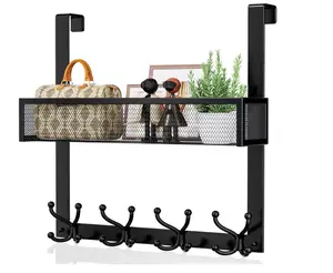 Consumest Over-the-Door Hook Organizer - Behind-the-Door Hanger with 16 Hooks and 2 Baskets for Hanging Coats, Clothes, Towels, Back Storage, Suitable for Bathrooms, Closets, College Dorms, Black