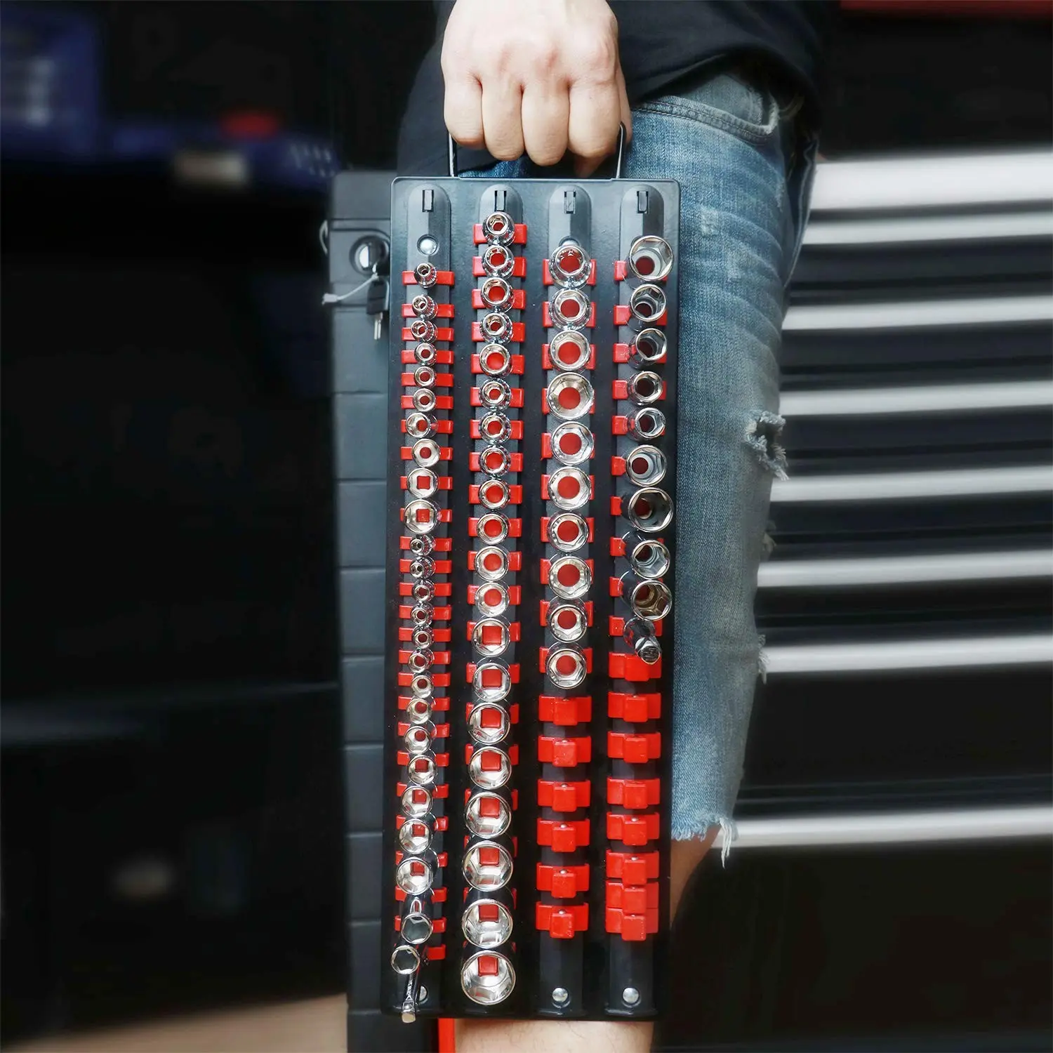 80pcs Heavy Duty Socket Organizer Tray Construction Tool Organizer 1/4 3/8 1/2 Drive Holder With Handle Portable Garage Tool Organiser Storage