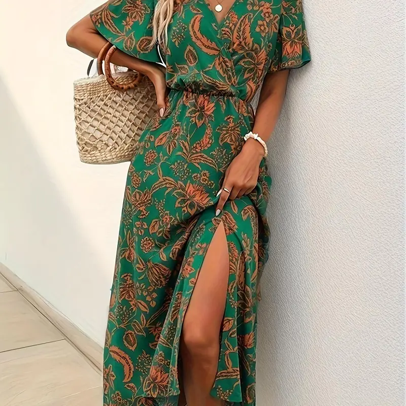 Women's Floral Print Split Thigh Wrap Fitted Dress, V Neck Butterfly Sleeve A Line Long Dress for Holiday Vacation, Sundress Maxi Dress, Casual Chic Dress, Boho Casual Fashion, Boho Style Womenswear