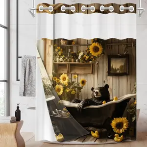 1PC/4PCS 2D Flat Printing Black and White Bear Sunflower Bathtub Patterned shower curtain, home bathroom decor, shower curtain set with 12 hooks, non-slip bathroom rug, U-shaped toilet seat cover, toilet seat mat, Bathroom Decoration Accessories