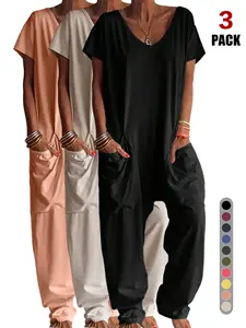 Women's Harem Jumpsuit, Bohemian Style One-Piece Romper, Short Sleeve, High Waist, Pockets, Loose-Fit, Casual, All Seasons