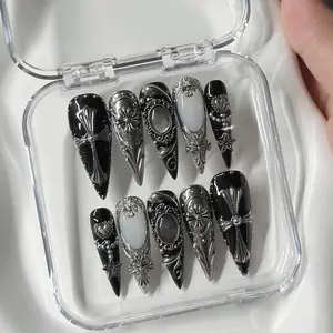Black Gothic Cross Chrome Press On Nails | Luxury Silver Frame Nail Set | Dark Elegant Long Stiletto Nails
