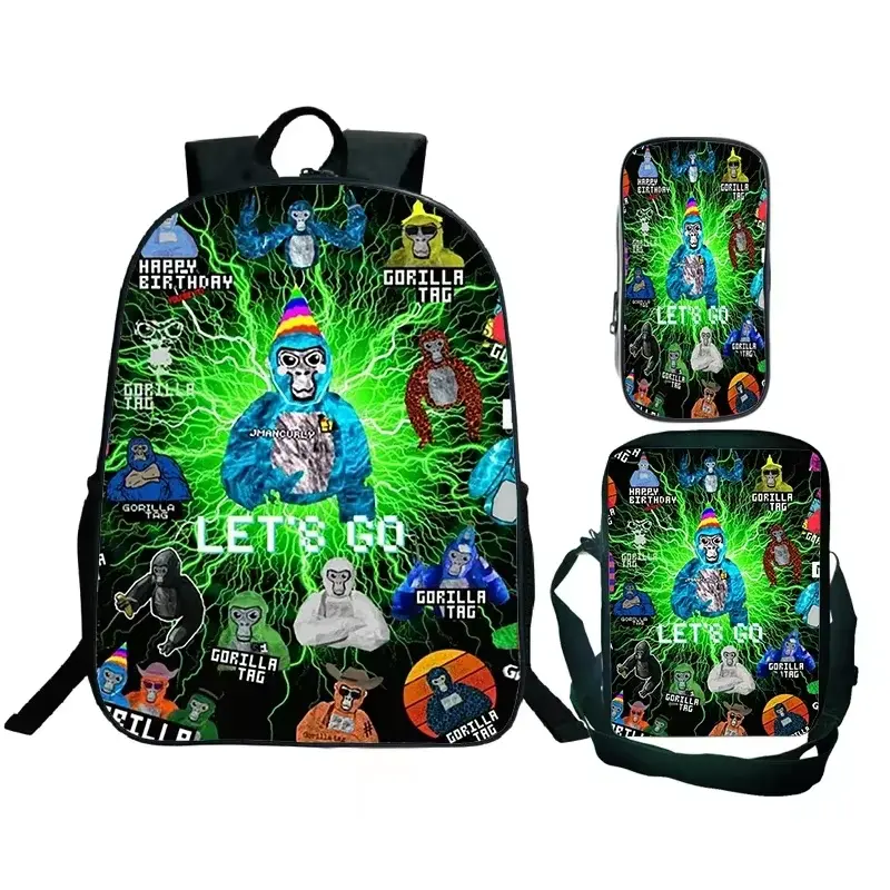 Gorilla Tag Print Waterproof Boys' Backpack Set - Includes Shoulder Bag and Pencil Case, Funny Cartoon Schoolbag