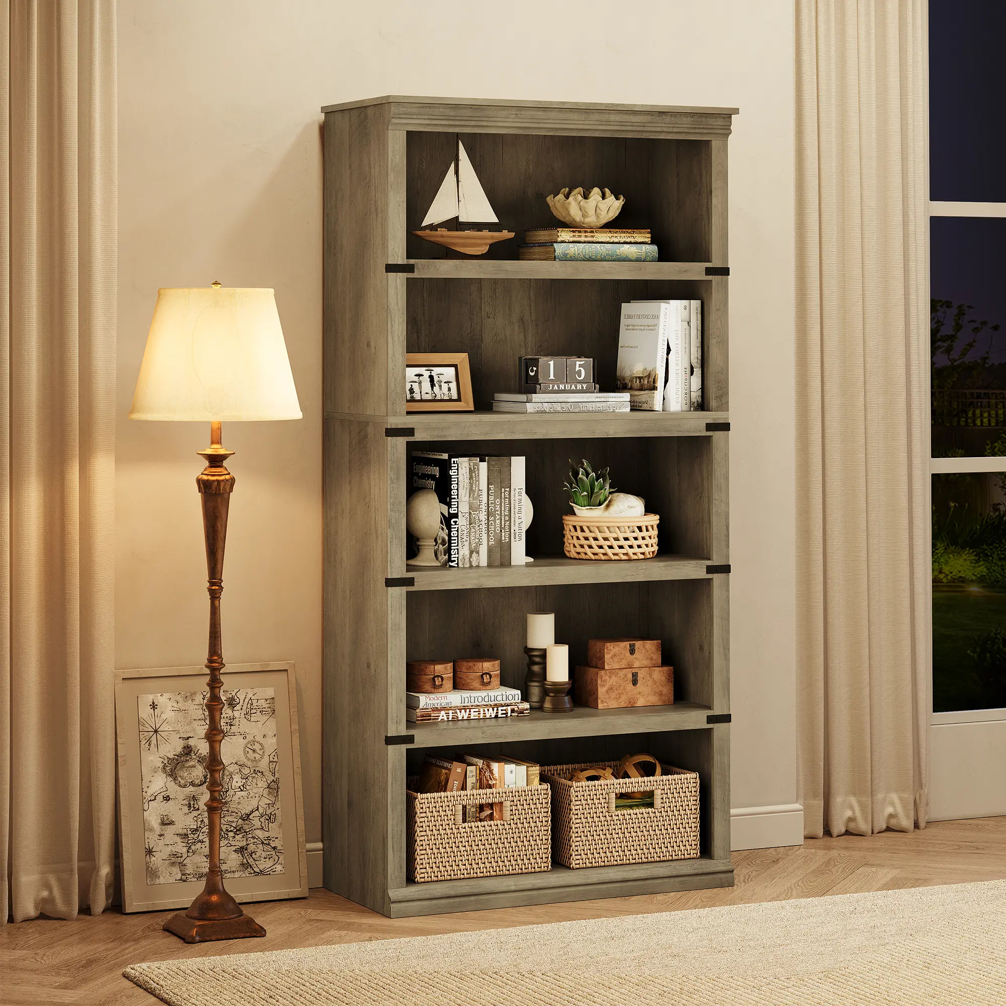 OUTGOODS 5-Tier MDF Oak Wood Traditional Farmhouse Vintage Open Bookcase - Colonial Moldings, Rustic Iron Detail, 45lb/Shelf Capacity, Brownish Red 800*320*1712 Floor-Standing Storage, Single Unit, Assembly Required, Wall Anchors for Home Library/Office