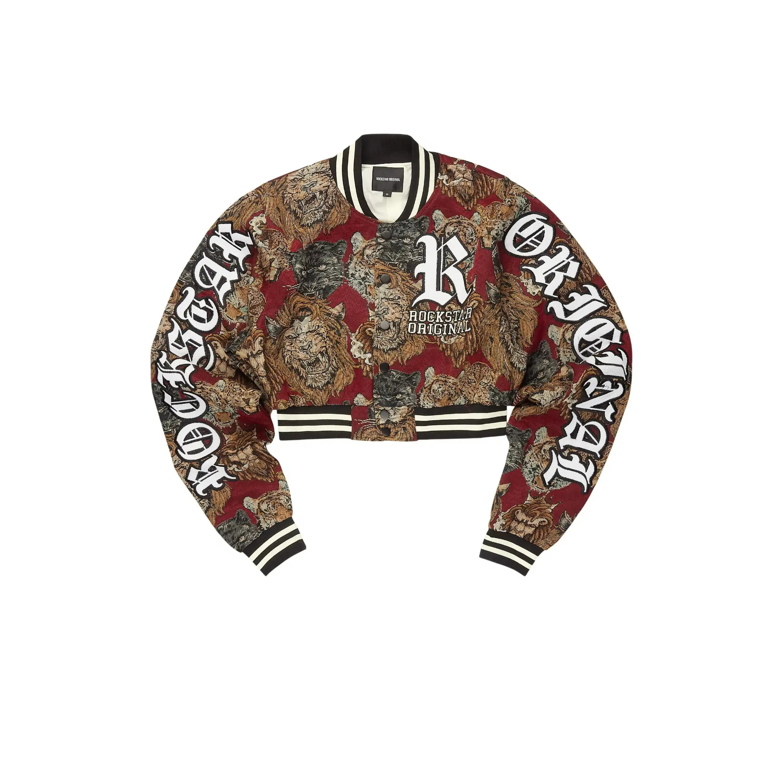 Khadiyah Red Crop Tapestry Varsity Jacket Khadiyah Red Crop Tapestry Varsity Jacket