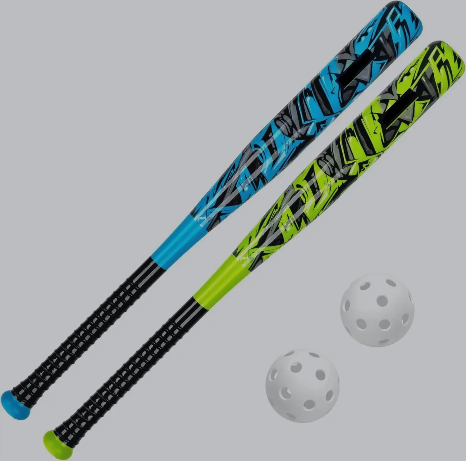 Youth Lightweight Graffiti Printed Plastic Baseball Bat & Ball Set, 4-Piece Ball Sports Equipment for Outdoor Use, Includes 2 Durable 29-in Bats & 2 Plastic Baseballs with Contoured Grip Handles