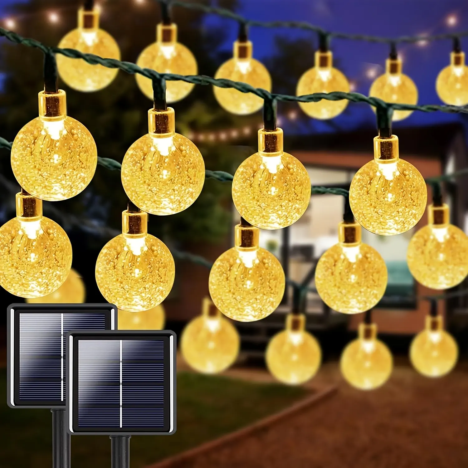 Crystal Globe Solar Outdoor Lights, 2-Pack 128ft 200-LED String, Water Resistant 8-Mode Warm White Decor for Garden, Weddings, Parties, Decks, Patio Decor, Grass, Floors, Adjustable Led Lights, Walls, Memory Mode Save, Waterproof Ip65