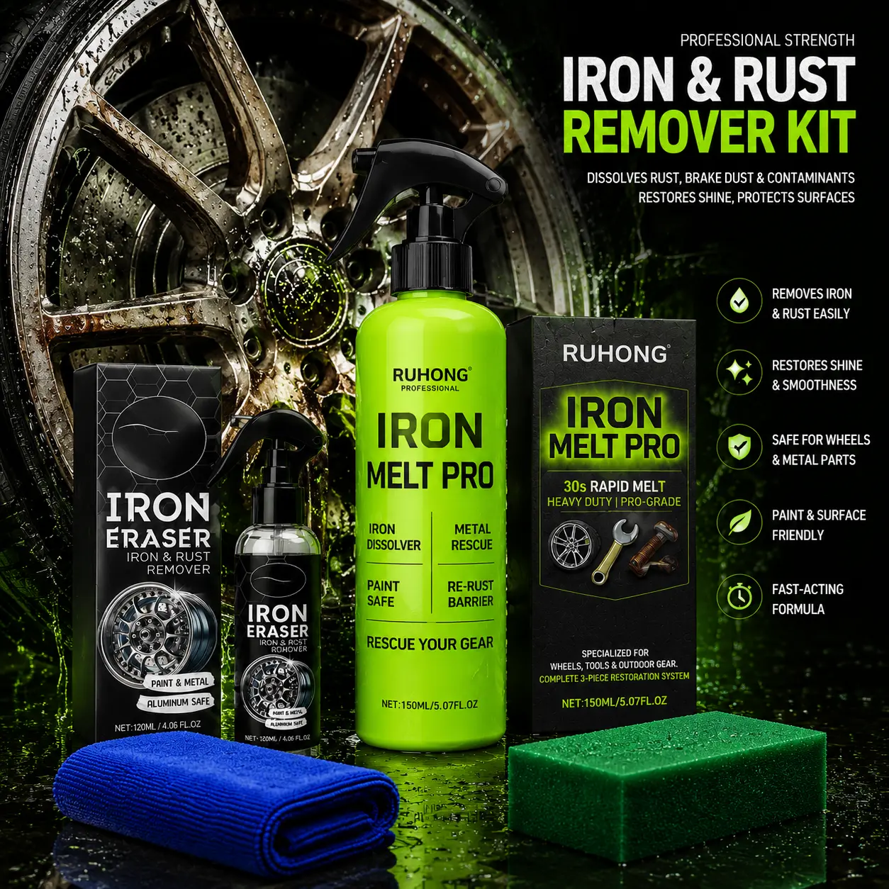Ruhong Automotive Rust Remover Spray (270ML), Rim Wheel Rust Removerwith Sponge, Professional Car Wheel Cleaning Agent, CarWashing Accessories, Tire Wheel, for Chrome Wheels,Automotive, Men Gifts Powerful anti-aging uv quick detailer metal primer