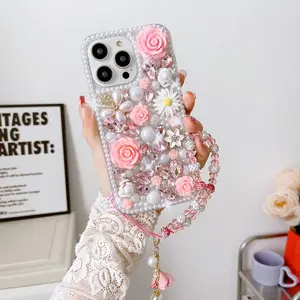 Bling Rhinestone Flower Decor Phone Case with Lanyard, Glitter Phone Protective Cover, Phone Accessory Compatible, Phone Accessories for iPhone 11 12 13 14 15 Pro Max, Decorative Phone Protector, Cellphone Protector