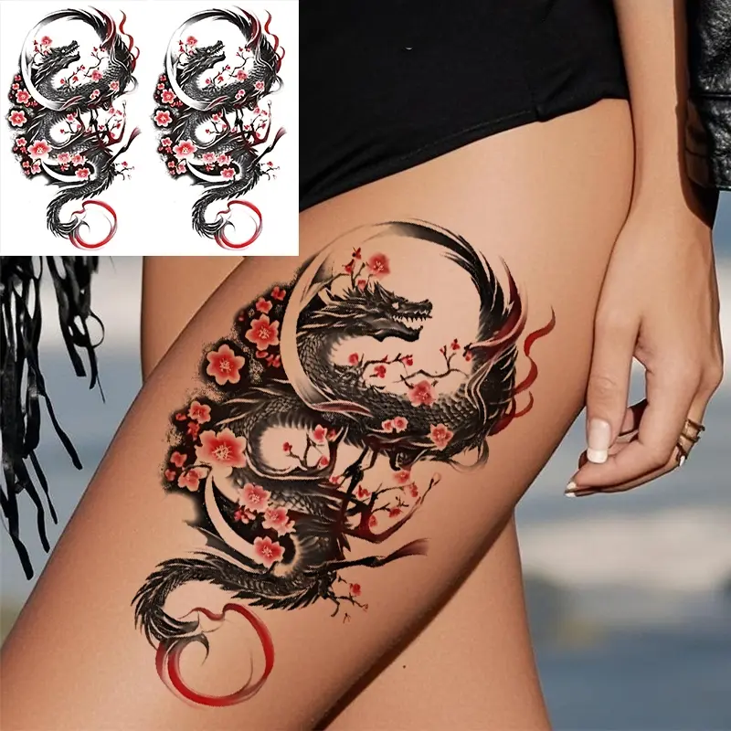 2 Colorful Chinese Plum Blossom Dragon Arm Temporary Tattoo Stickers, Waterproof Realistic Body Art Tattoos, Fake Tattoos for Men & Women, Large Half Sleeve Design, Tattoo Paper, Aesthetic Tattoo Merch