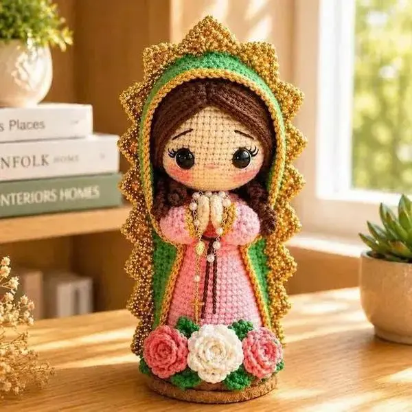 Our Lady of Guadalupe Handmade Crochet Figure - Cuddly Doll Gift, Soft Stuffed Collectible, Catholic Virgin Mary Spiritual Art, Baptism Gift for Mothers