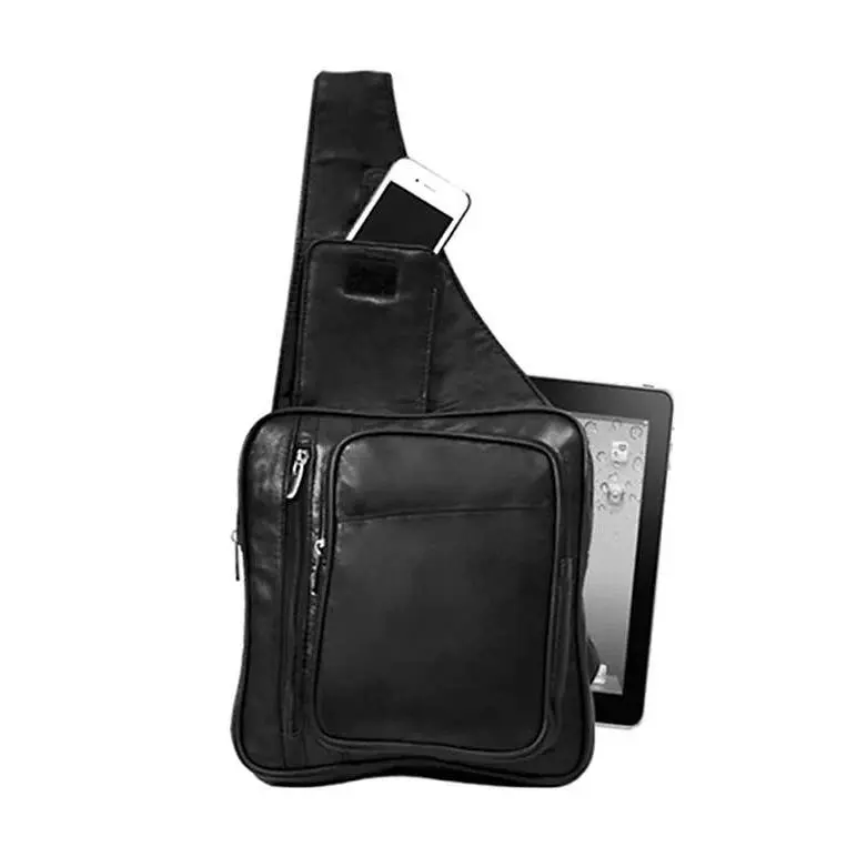 Patrick Cowhide Leather Black Sling Bag With Phone Holder