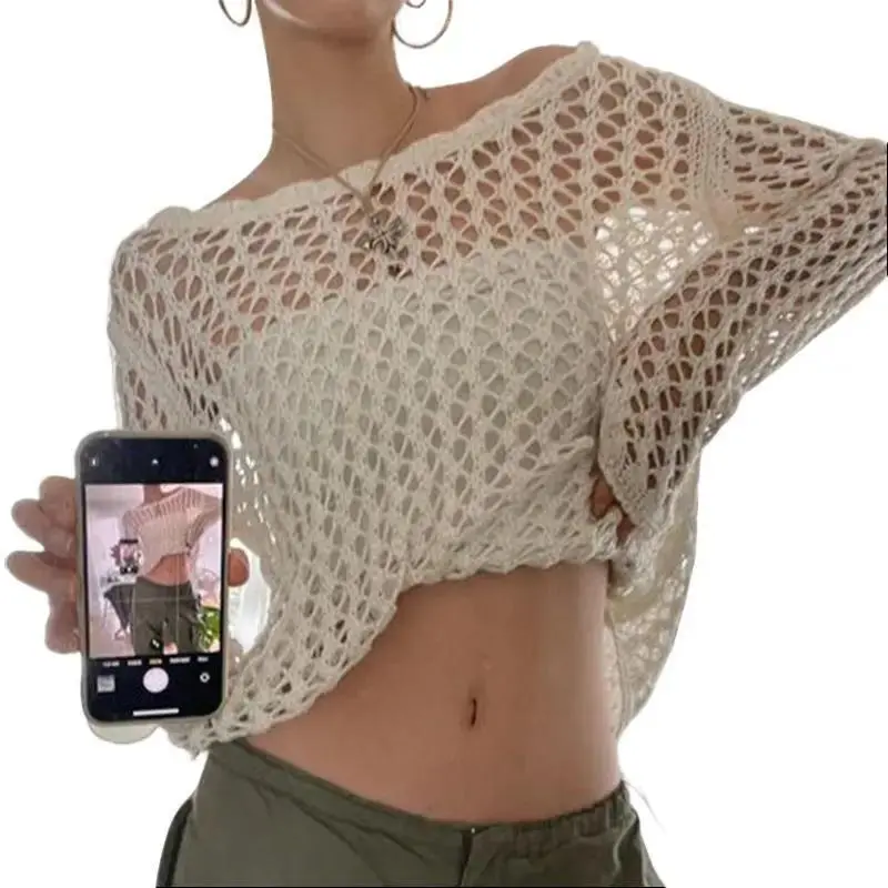 2025 Women's Loose Fit Mesh Knit Sweater Solid Color Long Sleeve Round Neck Pullover With Big Holes Stylish Lightweight See Through Outerwear Casual Spring Fall Top