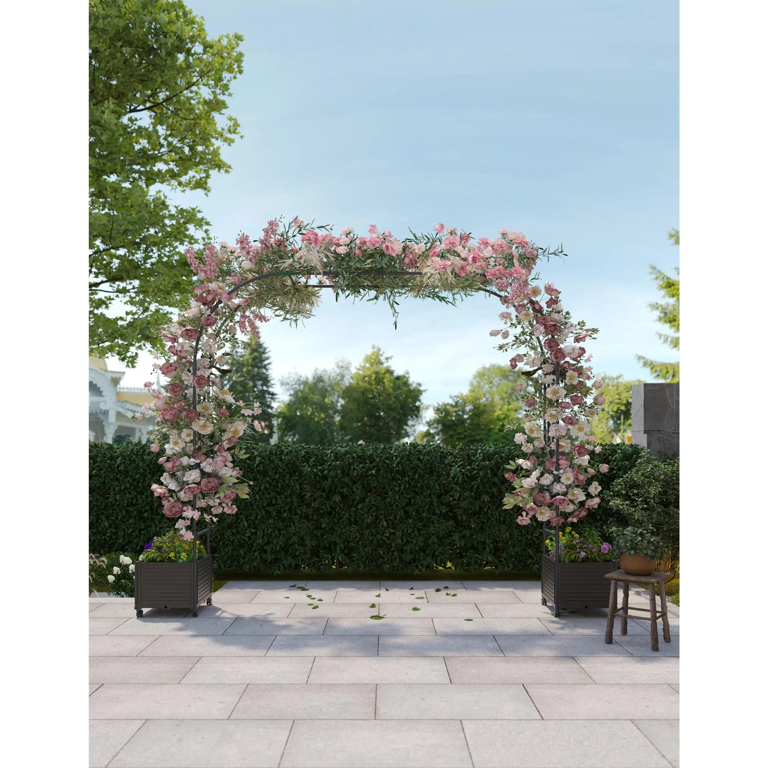 Garden Arch Arbor Trellis with Raised Planter Boxes for Climbing Plants Outdoor, Metal Arch Flowers Frame Backdrop Stand for Ceremony, Halloween, Christmas, Decorations Pergola, 86.6" Black