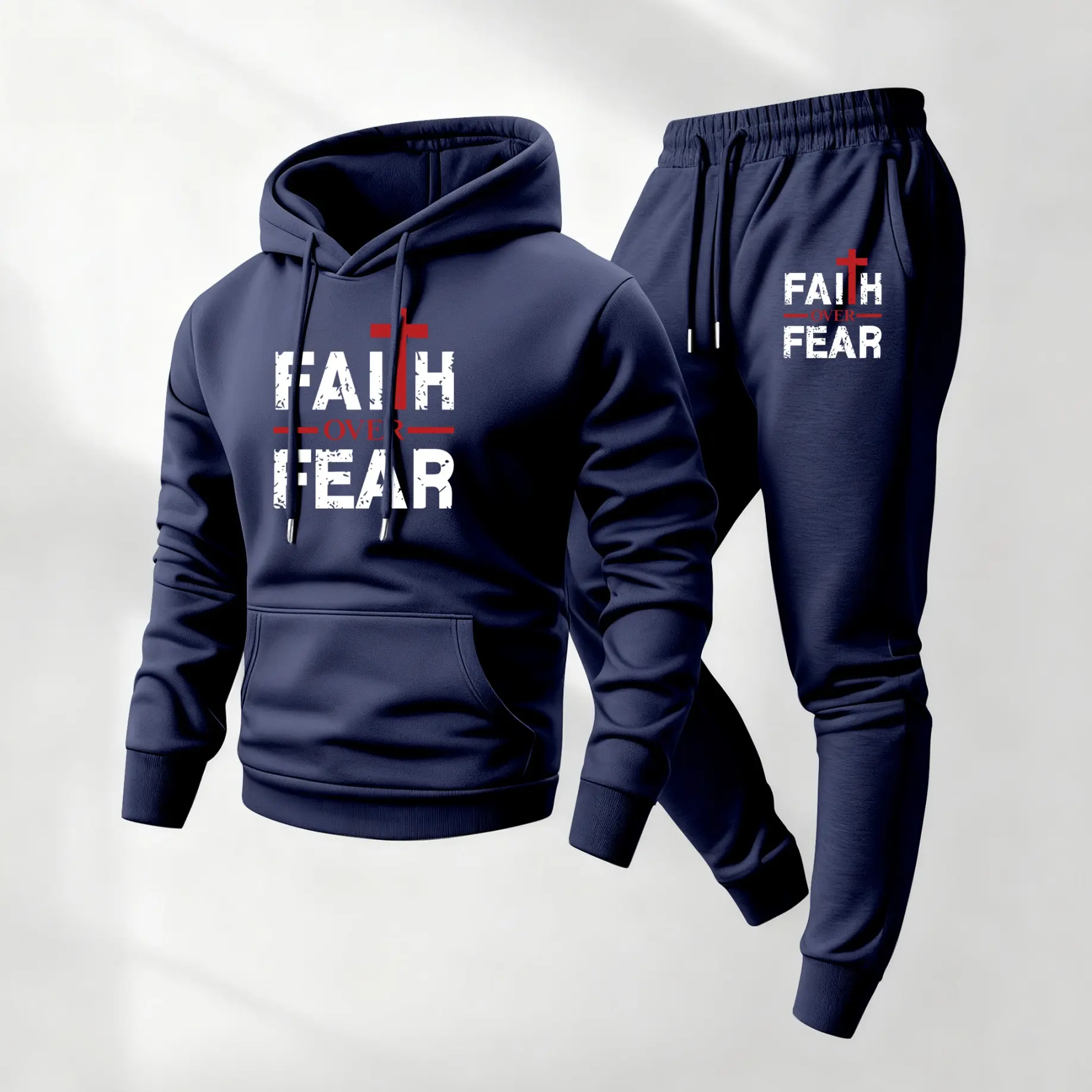Men's 2-Piece Cross-Print Long-Sleeve Hoodie & Drawstring Track Pants Sweat Suit - Loose Fit Polyester, Pockets, Trendy Letter Print, Breathable Casual Men's Clothing Sets for Autumn/Winter Indoor/Outdoor Workout Activewear