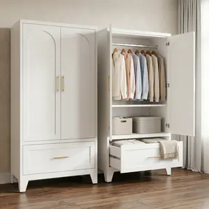 Metal Armoire Wardrobe Closet with Drawer, 60" Wardrobe Cabinet with Adjustable Shelves and Hanging Rod, Clothing Storage Cabinet Closet for Bedroom-White