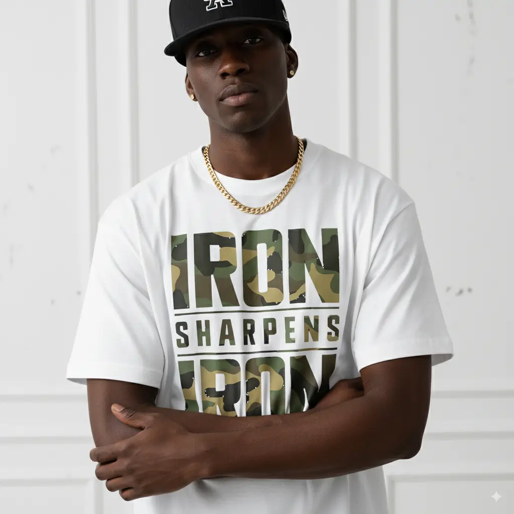 CMBT Men's Oversized 100% Cotton Graphic T-Shirt - "IRON SHARPENS IRON" & Proverbs 27:17 Bible Verse Design, Geometric Print Casual Streetwear Tee, Breathable Summer Top, Machine Washable, Summer Fashion |     Camouflage Pattern |     Durable Fabric