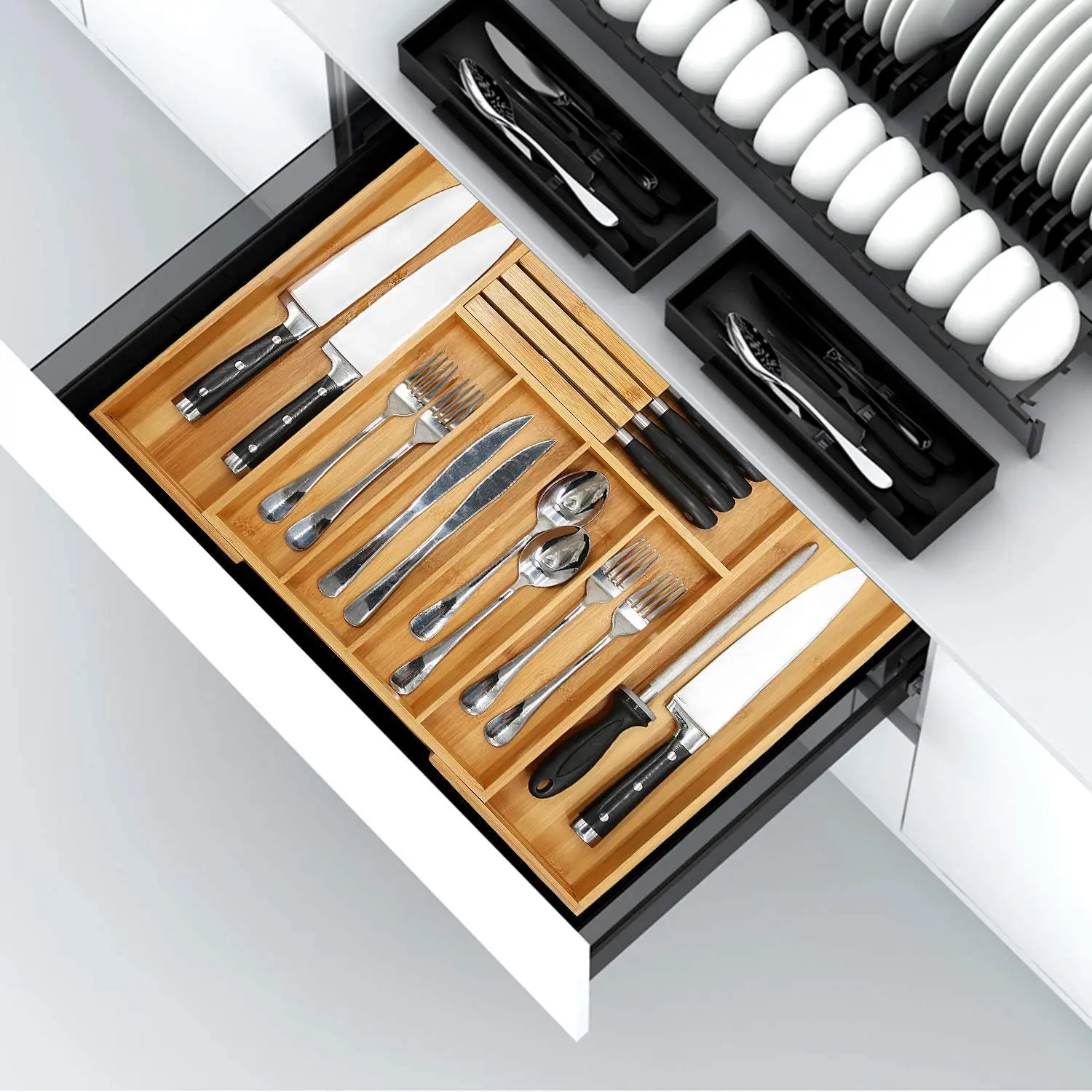 Bamboo Silverware Drawer Organizer Kitchen, Expandable Utensil Organizer with Knife Block, Cutlery Tray with Divider, Multifunctional Drawer Organizer