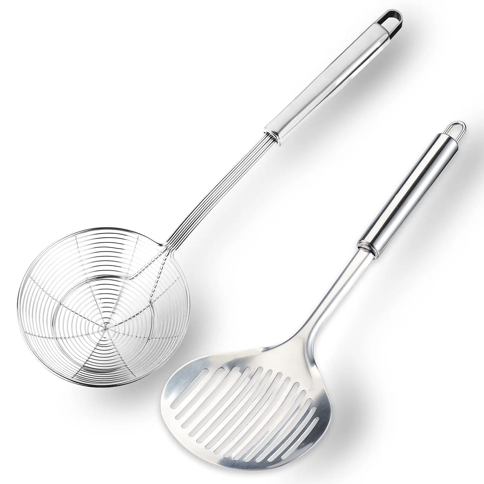 2PCS Stainless Steel Camp Kitchen Utensil Set - Nonstick-Safe Slotted Fish Turner, Spatula, Scoop, Colander Spoon, Ladle, Hanging Oil-Draining Spider Strainer for Camping & Frying (2 piece), Two Piece