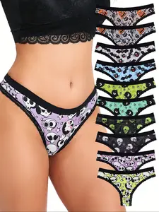 10-Pack Sexy Cute Gothic Contrast Lace Thongs, Allover Print Comfy Silky Intimates Panties, Women's Underwear & Lingerie, Colorblock Print Panty