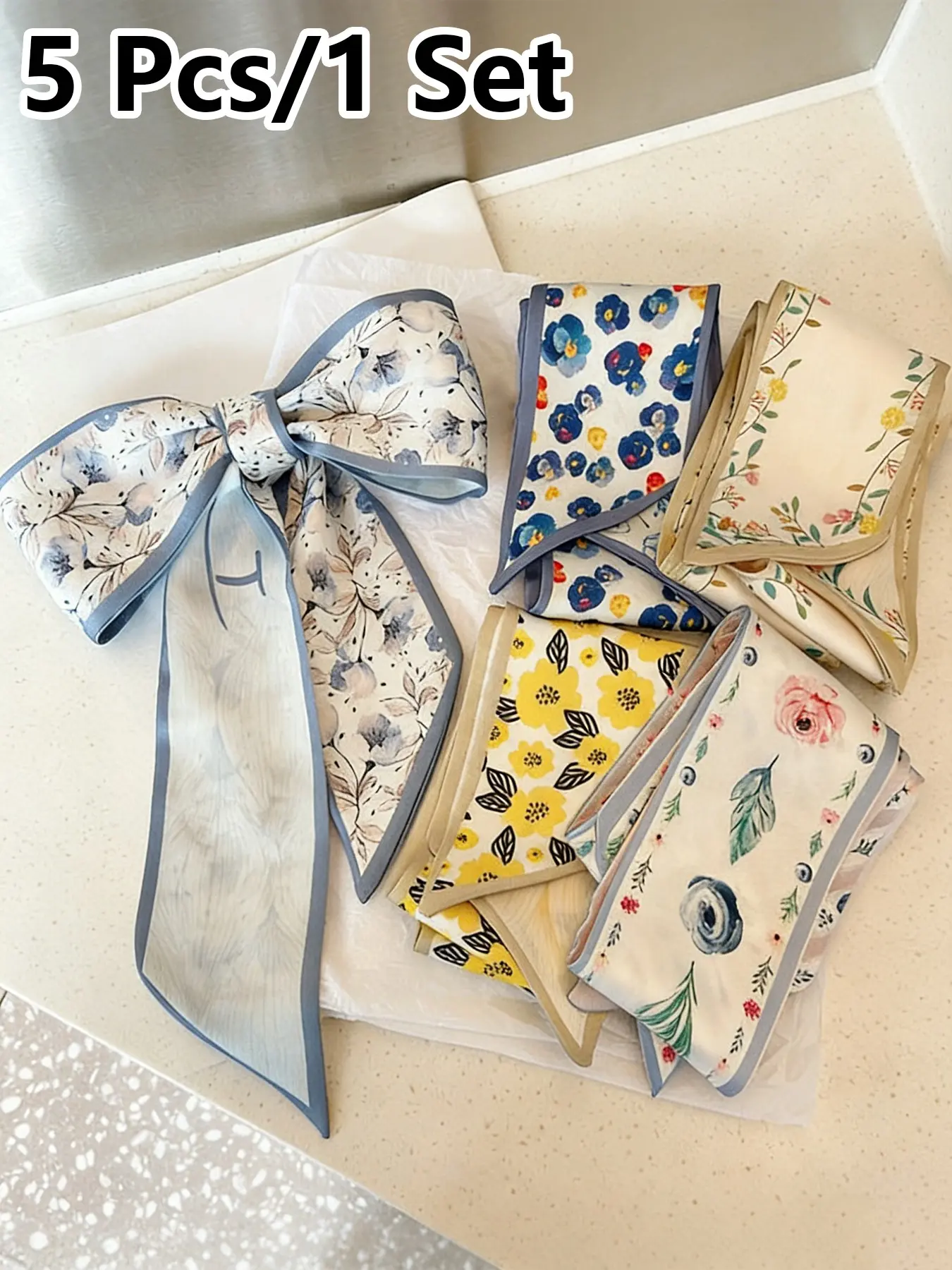 5 Pcs / 1 Set Elegant French Style Polyester Scarf Set, Vintage Hairband, Woven Ribbon, Multifunctional Scarf, Bag Accessory, Women and Girls, All Seasons, Floral Pattern, French Influence, Polyester Material, Fashionable Hair Accessories