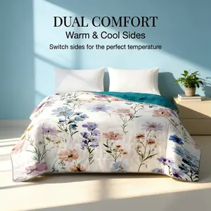 1pc Watercolor Floral Print Cooling Summer Quilt, Ice Silk Cool & Soft Warm Dual-Use Blanket, Night Sweat Resistant, Lightweight & Breathable, Machine Washable, No Filling Shifting