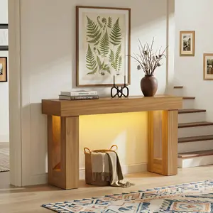 63 Inch Entryway Table with Socket and Sensor Light, Farmhouse Wooden Sofa Table Behind Couch or Foyer Table, Narrow Console Table with Storage Shelf for Living Room, Entrance, Hallway, Easy Assembly