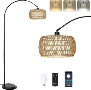 YYDS Arc Floor Lamps for Living Room with 3 Color Temperatures, Black Standing Lamp with Remote & Dimmable LED Bulb, Rattan Boho Floor Lamp, Farmhouse Tall Lamp for Bedroom, Over Couch Arched Reading Light
