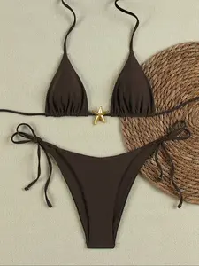 Deep Starfish Bikini Set, Simple Vacation Style, Triangle Cup Top with Stars, Adjustable Side Straps, Beach Holiday Wear