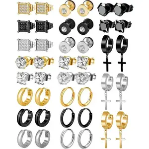 21 Pairs Stainless Steel Hypoallergenic Earrings Set for Women Men, Inlaid Cross Dangle Hinged Hoop CZ Stud Huggie Earrings, Ear Piercing Jewelry Black Gold