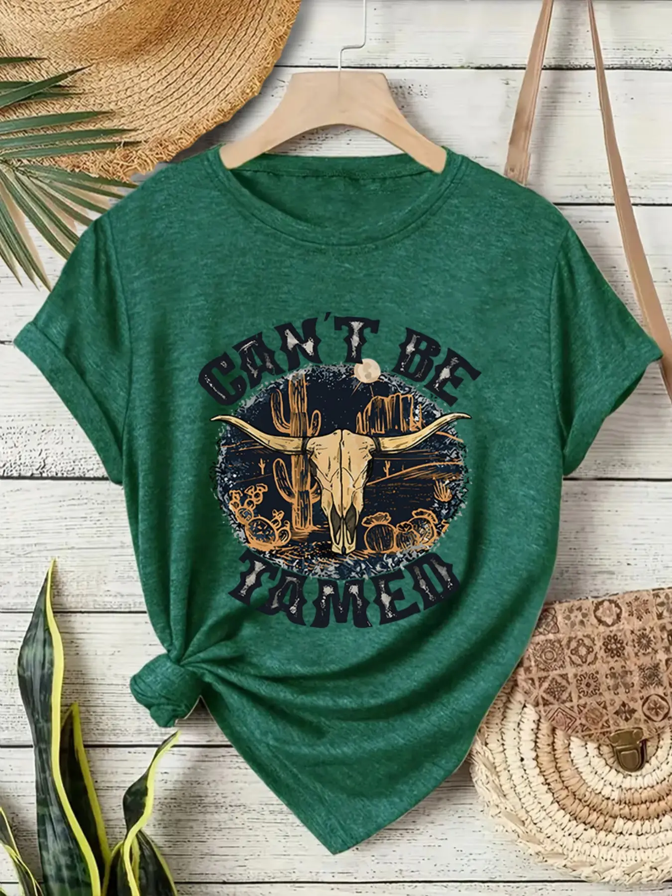 Women's Western Cowboy Style Print T-Shirt, Soft Stretch Round Neck Short Sleeve, Casual Summer Top, Comfortable Vacation Shirt