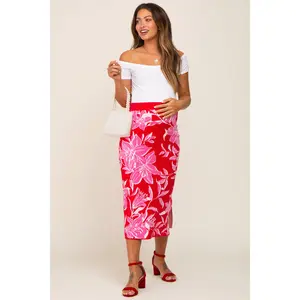 Red Floral Knit Maternity Midi Skirt