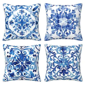 Blue ceramic tile pillow cover with watercolor floral pattern cushion cover suitable for home farmhouse style sofa bed indoor and outdoor decoration 4-piece set with double-sided printing