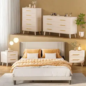 GIZOON Multi-Piece Modern Bedroom Furniture Set - Steel Frame Queen Bed, 2-Piece Nightstand Sets, 5-Drawer Dresser, Double Wide 6-Drawer Dresser, Beige/White Wood-Based Storage Solution for Stylish Homes, Multi-Piece Bedroom Sets
