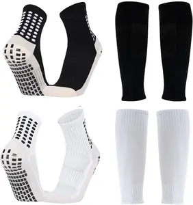 2 Set Kids Grip Soccer Socks with Shin Guard Sleeves, Anti-Slip for Ages 7-14 Youth Boys Football Basketball Training