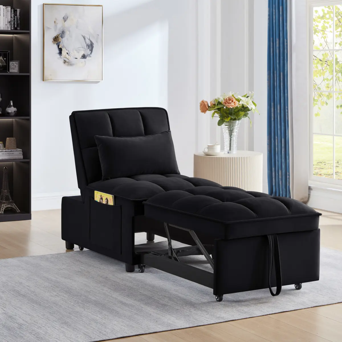[Bellemave] 4 in1 Multi-Function Single Sofa Bed with Storage Pockets,Tufted Single Pull-out Sofa Bed with Adjustable Backrest and Pillows ,Convertible Chaise Lounge