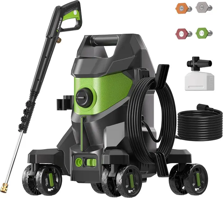 3000W Powerwasher Portable Pressure Cleaning Machine, 3000 PSI 3 GPM Unit with 4 Nozzles, Foam Cannon, 4 Lockable 360° Swivel Wheels, Auto Shut-Off & Plug-In Use, for Decks, Driveways - Father's Day Gift, Fathersday